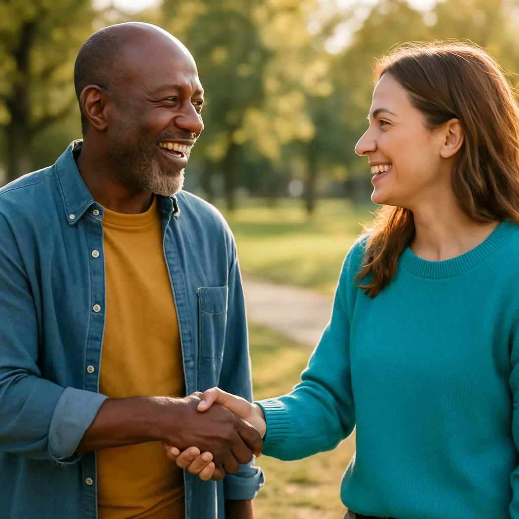 Two people meeting at a local park — genuinely local The West Midlands dating