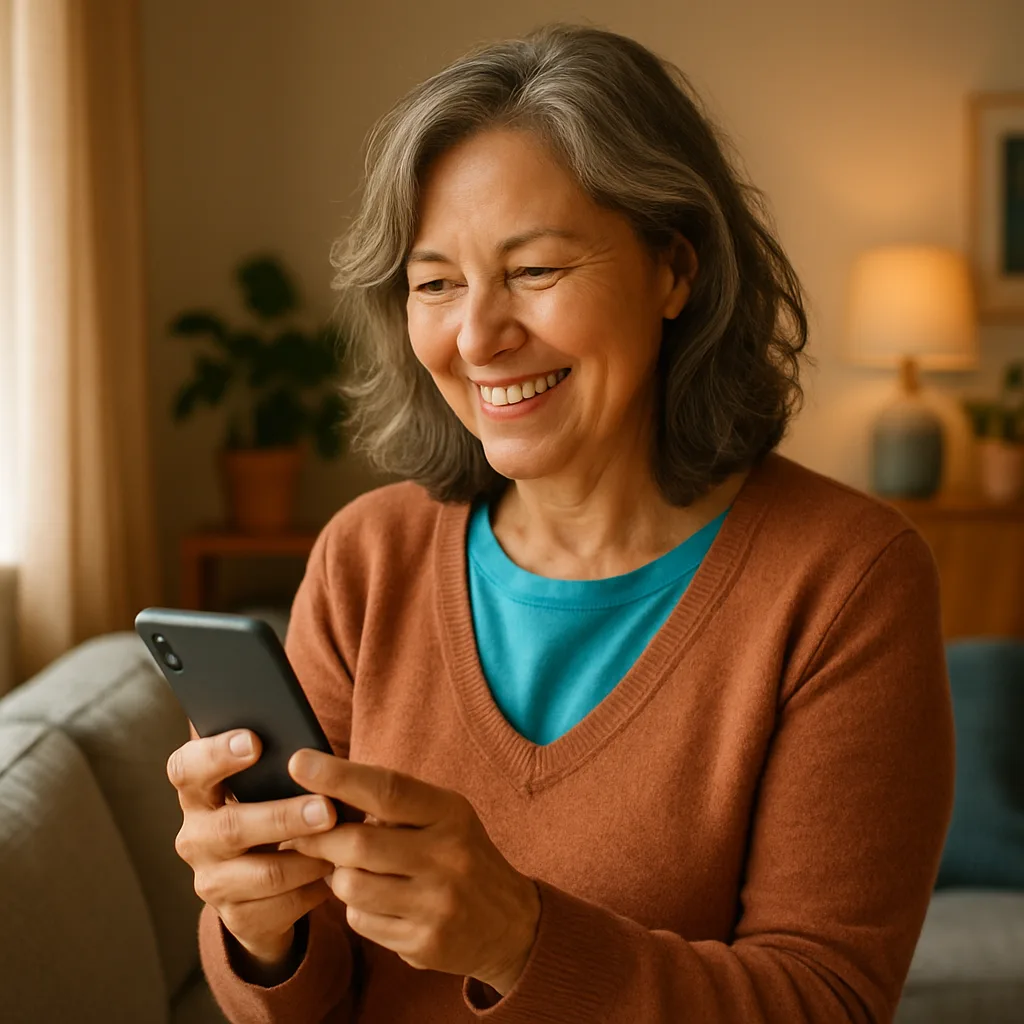 Smiling woman confidently checking her phone — verified profiles on The West Midlands Dating Site